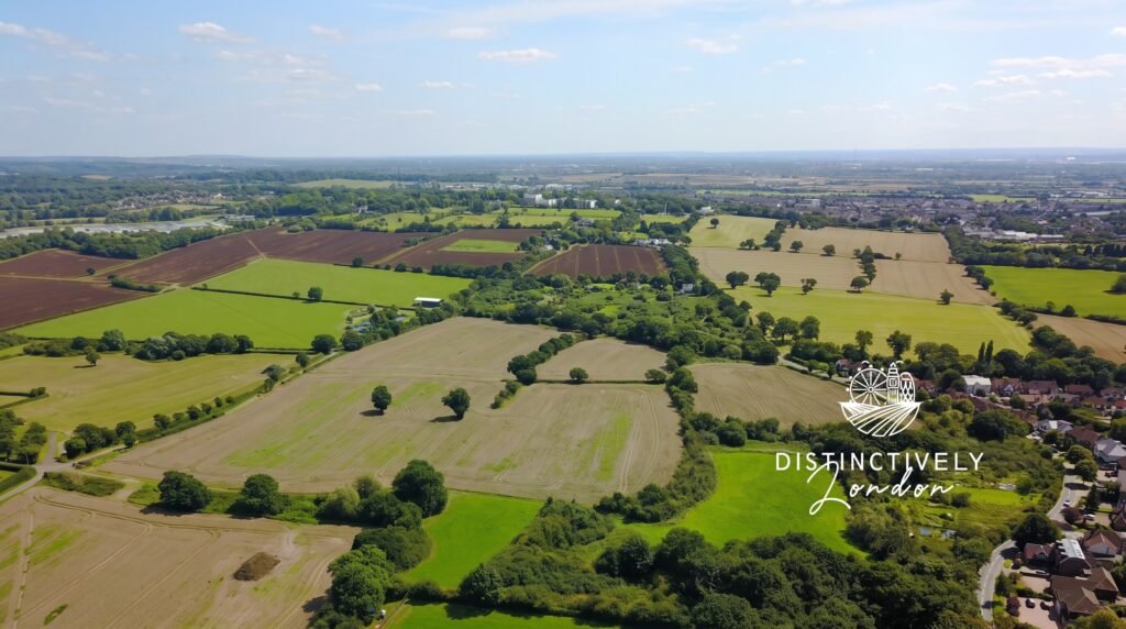 Aerial view of farmland around Theydon Bois and Epping, Essex