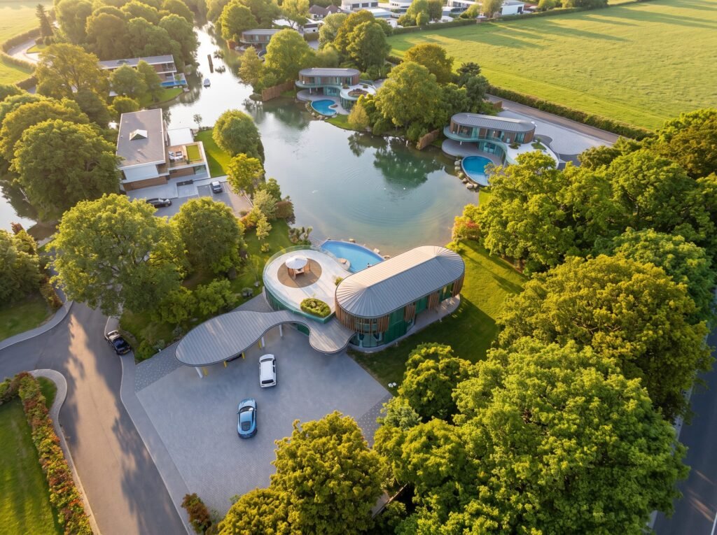 Illustrative concept of lifestyle villas around a natural lake at Brickfields UK Farms, subject to planning permission