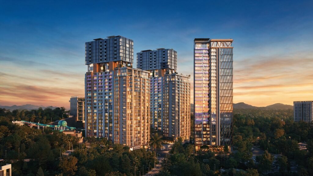 Mardi Aquapark by Mercure towers at sunset